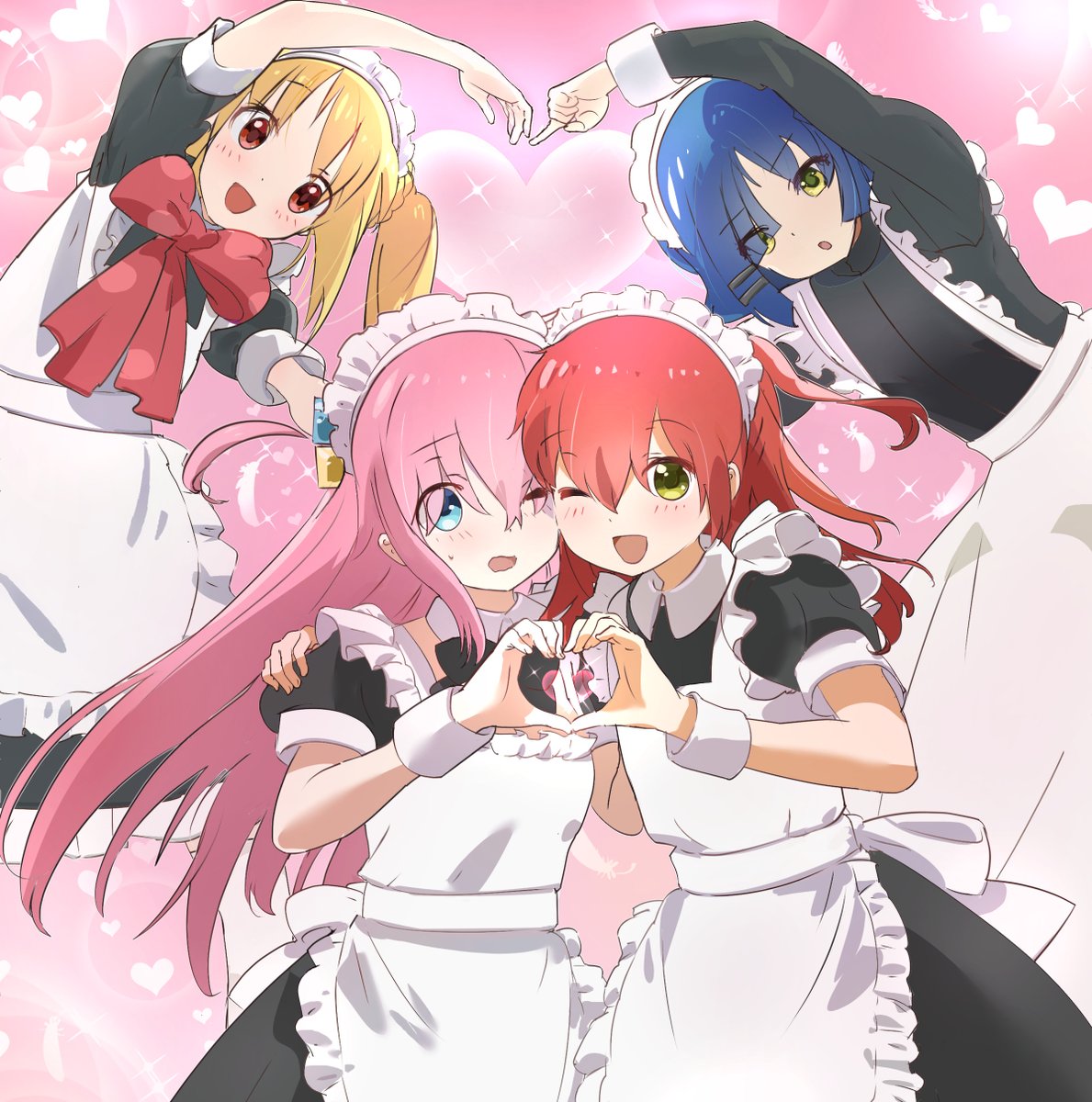 gotou hitori ,ijichi nijika multiple girls heart hands 4girls heart hands duo maid headdress heart maid  illustration images