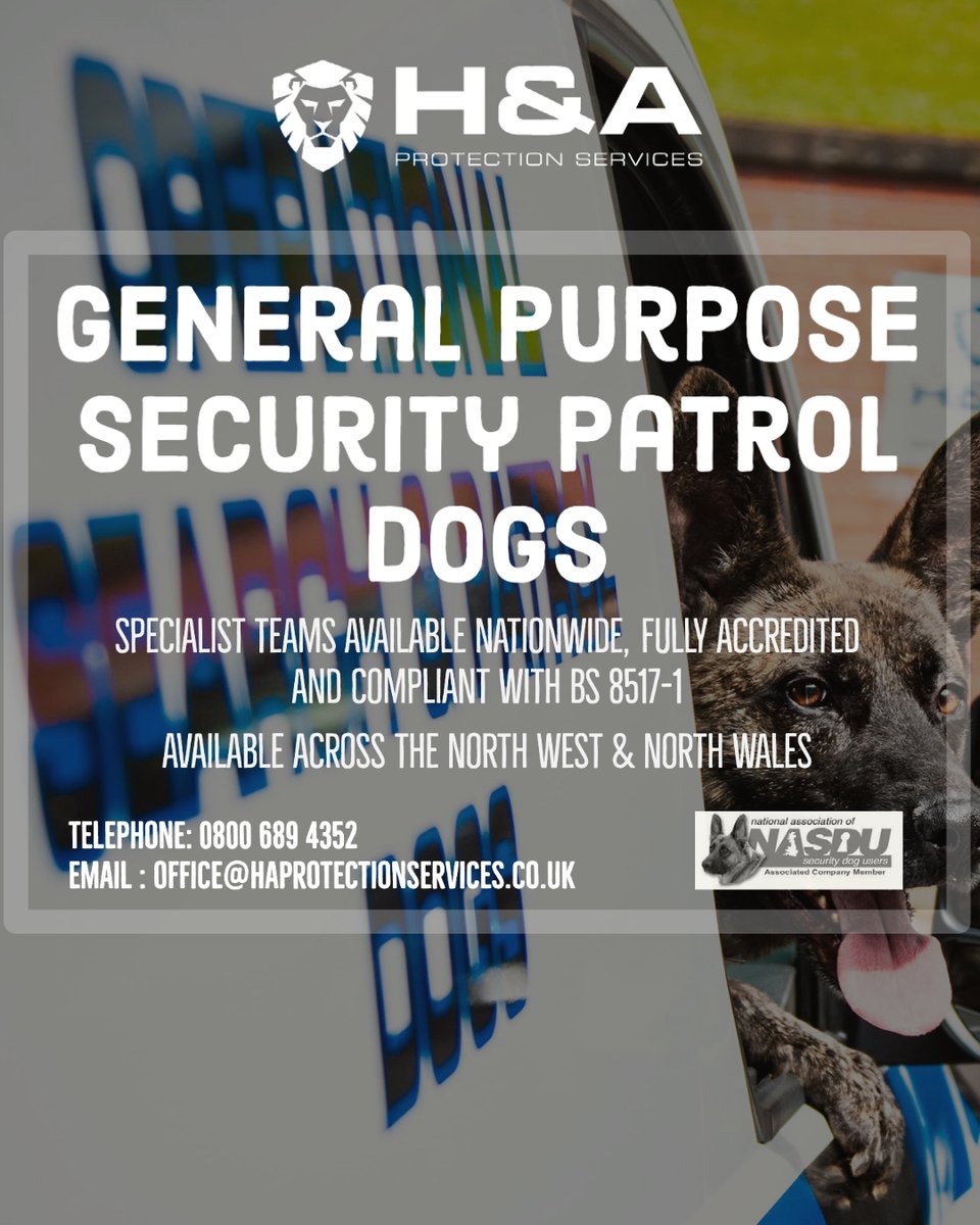 HnAProtection's tweet image. Introducing our canine support services – our comprehensive security protection &amp;amp; detection offering. As a North West SIA ACS approved security contractor, we are proud to offer highly trained and skilled detection and protection dogs to help keep our clients safe and secure.