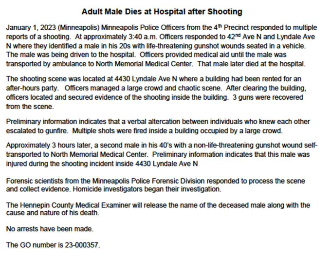 CrimeWatchMpls on Twitter ". A shooting early this morning has resulted in homicide number 1