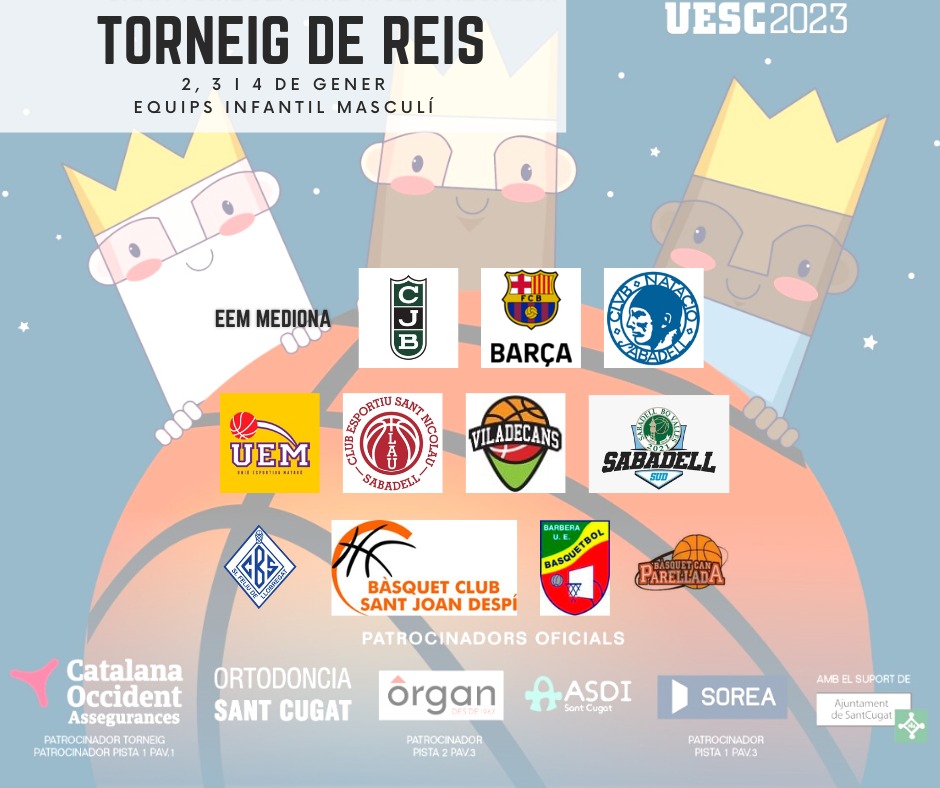 UESC_SantCugat's tweet photo. ‼️TORNEIG DE REIS‼️
El dia 3 iniciem el Torneig en la categoria Infantil masculí 
@penya1930
@FCBarcelona
#u.e.barberà
@CNSBasquet
@bcsjd
@uemataro
@cbsantfeliuenc
@VilabasquetVila
@SabadellBasquet
# SantNicolau

 #goUESC⚫️ #caminemjuntsUESC🔴 https://t.co/e0VTfD9RZc