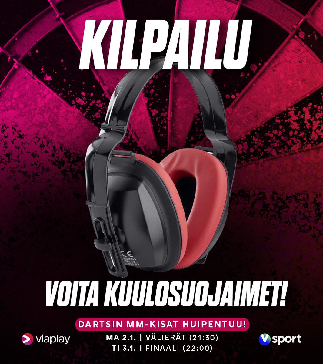 VOITA KUULOSUOJAIMET!🎯🎧

Paina RT ja veikkaa MvG vs. Dobey -ottelun lopputulos (esim. 3-5).

Palkinto arvotaan kaikkien oikein veikanneiden kesken. 

Veikkausaika päättyy klo 23:35.

#dartsfi #mmkisat