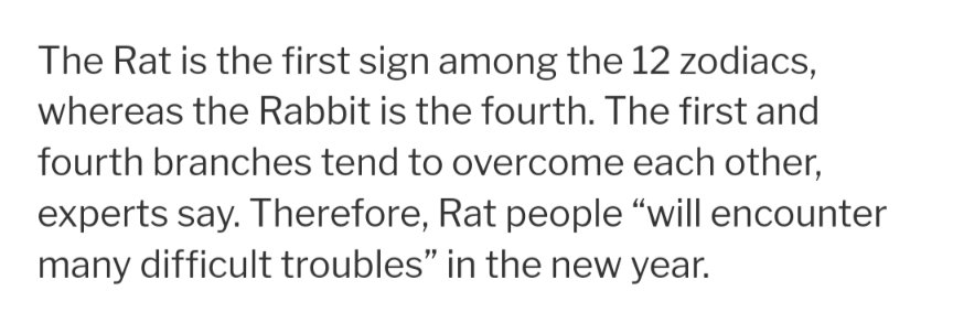SarahBillington's tweet photo. Me: wow. 2022 was brutal for everyone I know. 2023 is going to be better, I know it. Oh look, it's year of the Rabbit.  What does that mean for me, a Rat?

Chinese horoscopes: https://t.co/o6R2SlbU3Z