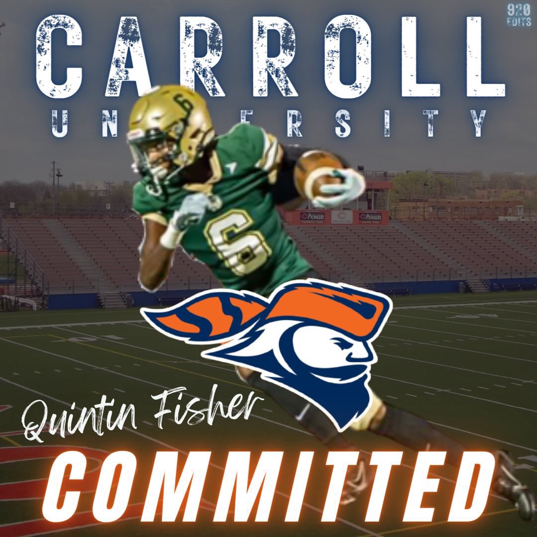 QuintinFisher8's tweet photo. I am excited to announce that I will be continuing my academic and athletic career at Carroll University!!! I would like to thank all the d2/d3 teams who also recruited me as well as everyone else who played a part in this process.@CoachBuddah @CoachCorey_ @piofootball https://t.co/cC7CLWvlBm