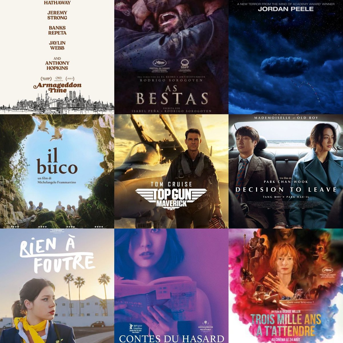 AnthoBenguigui's tweet photo. Du coup, 1er janvier 2023 oblige... #TopFilms2022 

🥇Licorice Pizza
🥈Armageddon Time
🥉As Bestas
Nope
Il Buco
Top Gun Maverick
Decision to leave
Rien à foutre
Conte du hasard et autres fantaisies
3000 ans à t'attendre 

Et quelques recommandations sans ordre

Bonne année cinéma https://t.co/KlC8C7EOMA