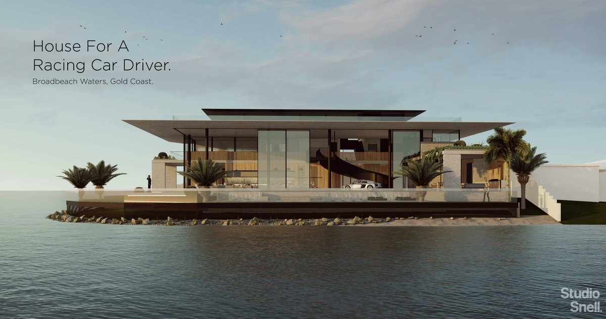 Happy New Year! from the Studio Snell team.  
Meet, House For A Racing Car Driver.
Broadbeach Waters, Gold Coast. 
This concept is designed with ultra clean lines utilising concrete, steel, glass and timber.  All capturing the city and water views of this spectacular NE site.