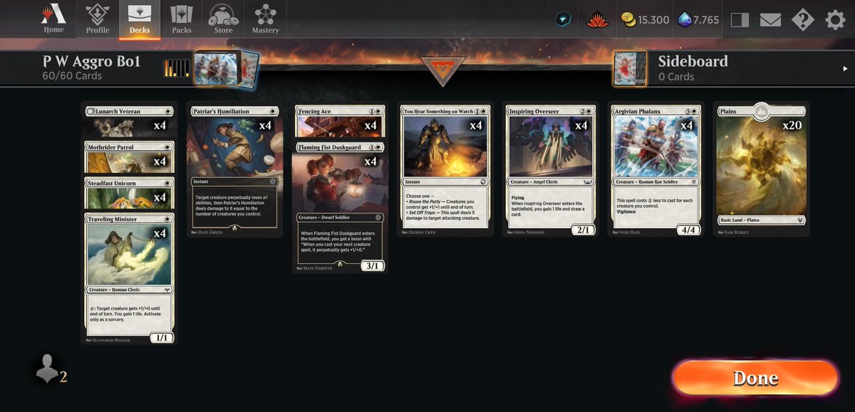 7-1 on Decathlon #2.
Pauper W Aggro. The best deck, Only lost in mirror.
Thanks to <a href="/DoggertQBones/">Robert Lee</a>.
<a href="/mtgazone/">MTG Arena Zone</a> <a href="/ArenaDecklists/">Arena Decklists</a>
<a href="/fireshoes/">Robert Taylor🔥</a> #MTGArena mtgazone.com/user-decks/xq6…