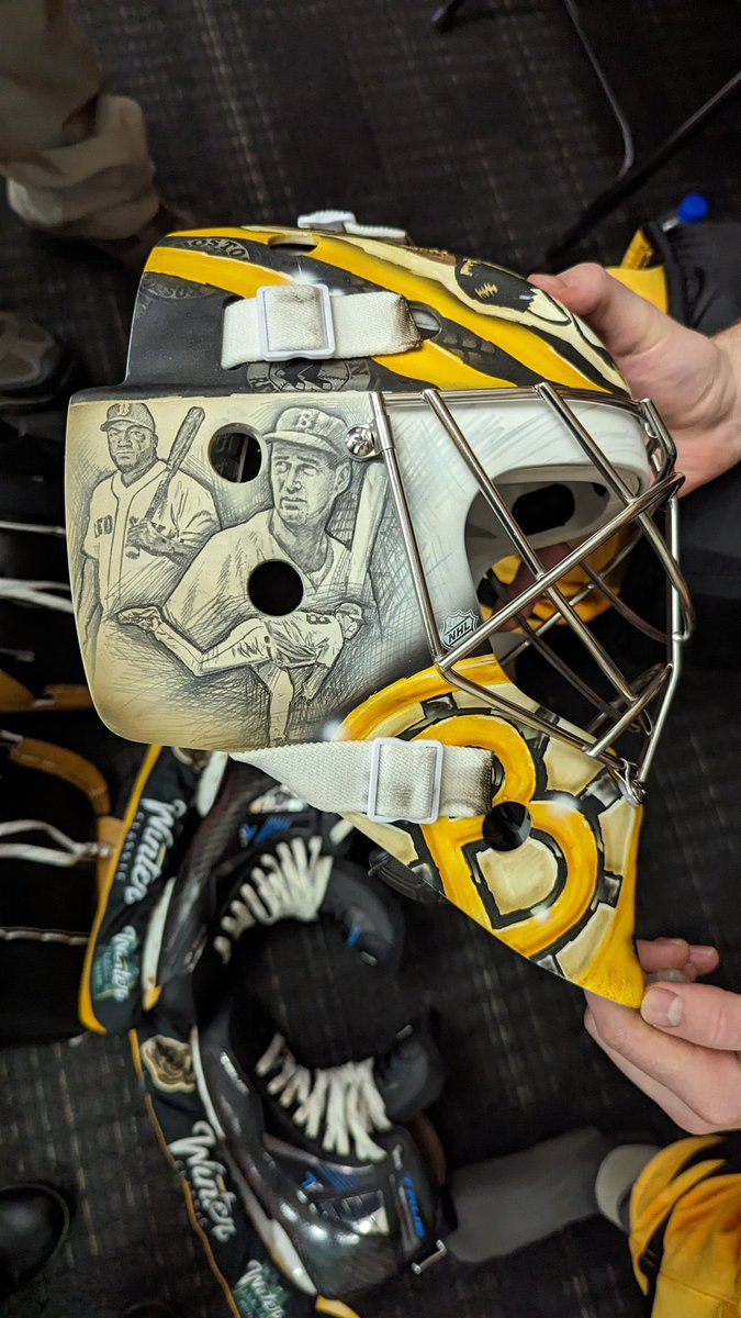 BOSSportsGordo's tweet photo. Jeremy Swayman’s mask for tomorrow featuring Ted Williams and David Ortiz is freaking awesome https://t.co/f2qMisifin