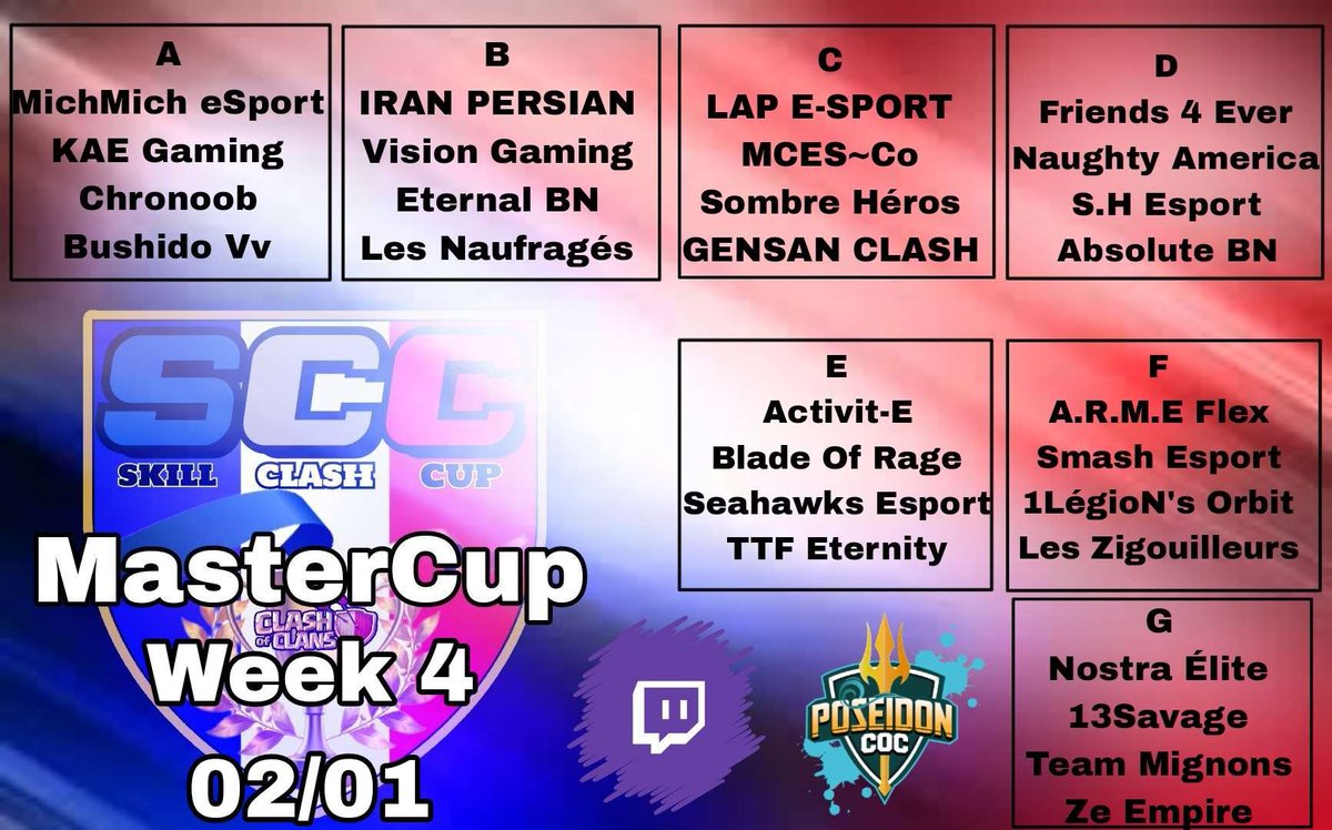 On se retrouve demain soir pour 3 matchs de la <a href="/SkillClashCup/">Skill Clash Cup</a>.

Rdv à 21H00 sur <a href="/TwitchFR/">Twitch FR</a> : twitch.tv/poseidon_coc