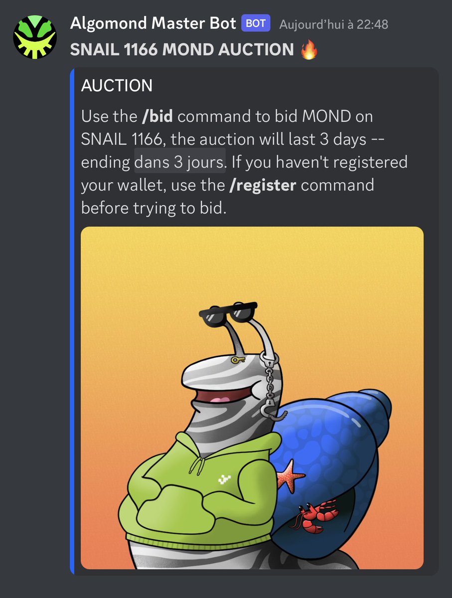 An amazing snail <a href="/AlgoKnitter/">akpepe.algo</a> from @agile_mercurial up for auction in the Algomond discord! 🐌🐌🐌