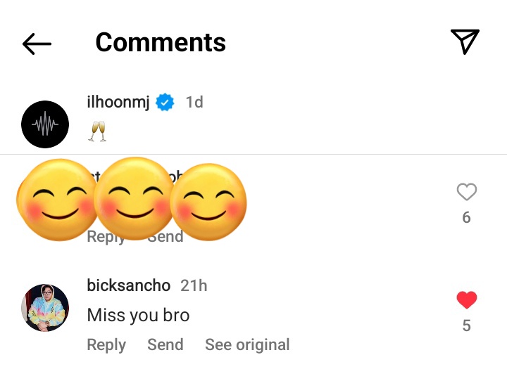 bluvaseu's tweet photo. Producer who worked with cube artist i think (?) commented on ilhoon's post 'miss you bro' 🥺 https://t.co/ayyNgI4al1