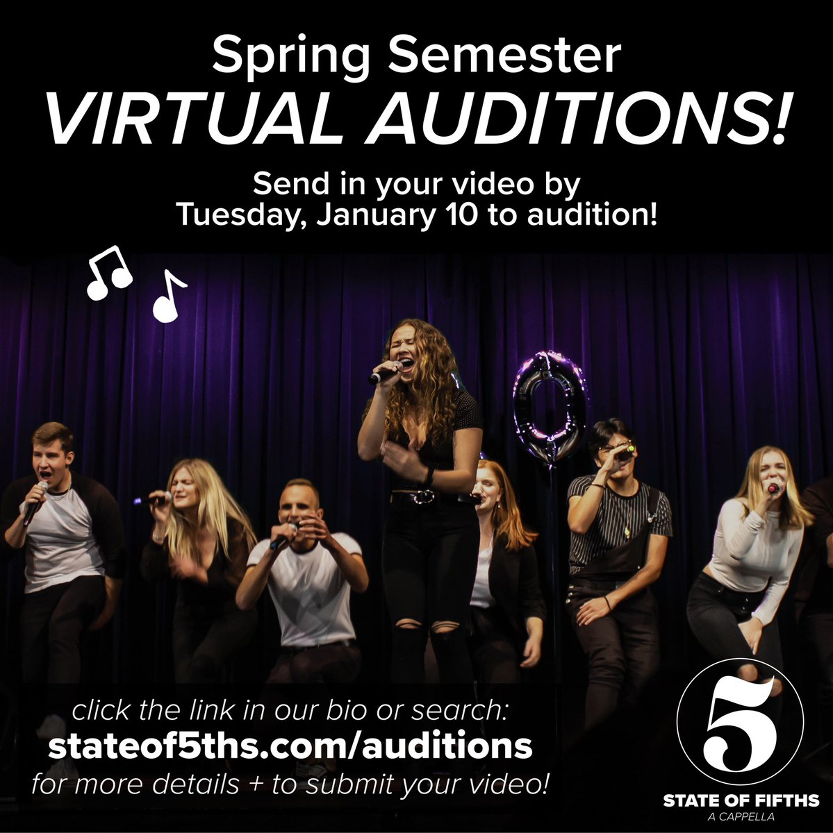 Virtual auditions are NOW OPEN for the upcoming spring semester! Visit stateof5ths.com/auditions for more info and to submit your video!