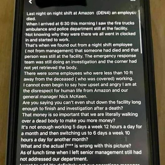 msainat1's tweet image. Amazon workers at DEN4 in Colorado say an elderly worker died on the job on 12/28 after returning from a medical leave and instead of shutting down the area, Amazon managers stacked boxes around the body until a coroner could arrive so they could keep workers working through it