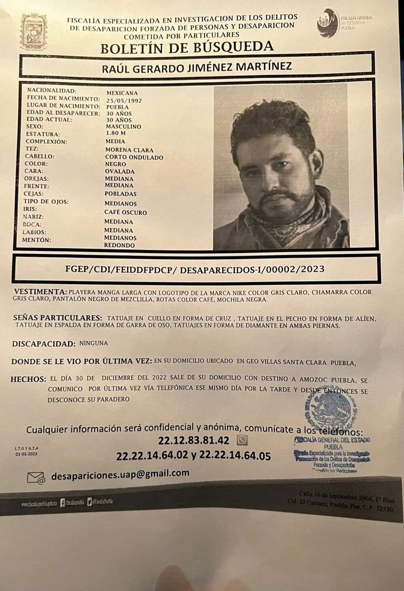 pueblarojamx's tweet photo. 🙏🏻#SERVICIOSOCIAL || Se solicita su colaboración para #localizar a Raúl Gerardo Jiménez Martínez, de 30 años de edad, quien fue visto por última vez el pasado 30 de Diciembre en Geo Villas Santa Clara. Cualquier información comunicarse al 2212838142. https://t.co/9IWXYwJlxF