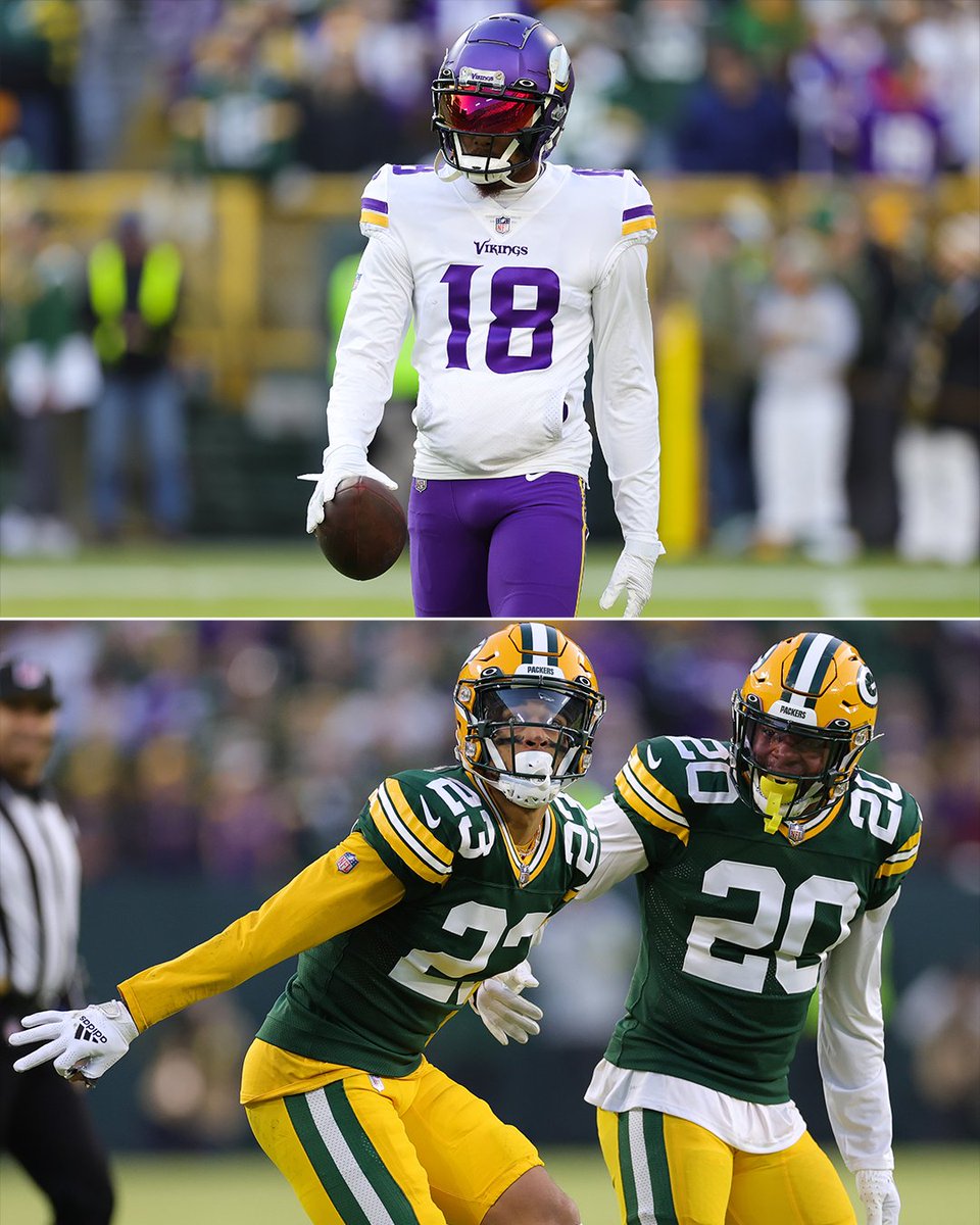 espn's tweet photo. Jaire Alexander and the Packers held Justin Jefferson to zero receptions in the first half for the second time in his career 😳 https://t.co/lJNRSGidLP