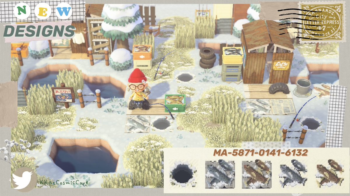 The best way to pass time on ChunkyRice is to ice fish!🤗💕I released a small batch of new designs if you would like to try ice fishing on your island!🥰includes an ice fishing hole &amp; a few caught fish with &amp; without paper! Enjoy!🤗 #ACNH #ACNHDesigns #どうぶつの森 #acnhinspo