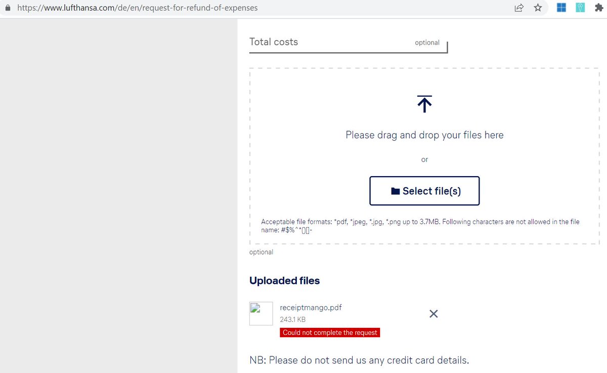 PriyaCharity's tweet photo. @lufthansa @lufthansa I'm trying to upload refund of expenses due to late baggage claims. When I try to upload files under 3.7 MB, I still receive an error msg "could not complete the request". What other alternative ways can I send the receipts? Please help. Thanks https://t.co/S4ZPUHIZj8