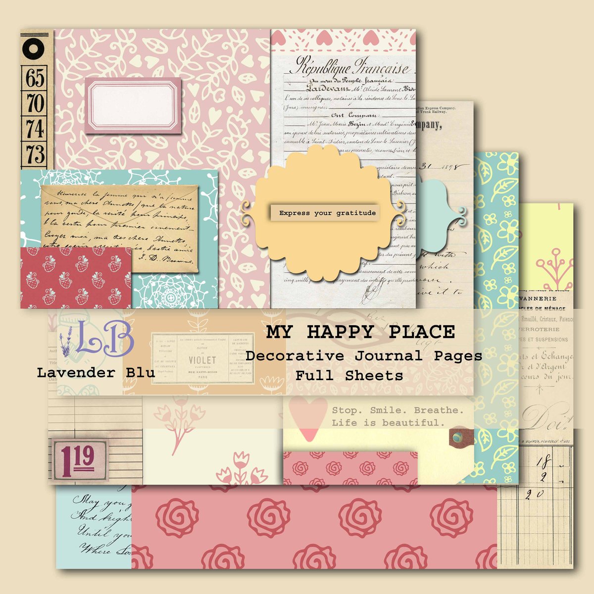 LBluart's tweet image. Sleek sellouts! 🤓. Order Junk Journal Kit MY HAPPY PLACE | Decorative Journal Papers Full Size | Collage Papers plus ephemera sheet at $5.00 from etsy.me/3GYKCha #JournalPrintable #JournalPages