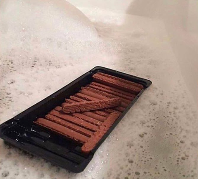 In case you wondered, chocolate fingers float in the bath.