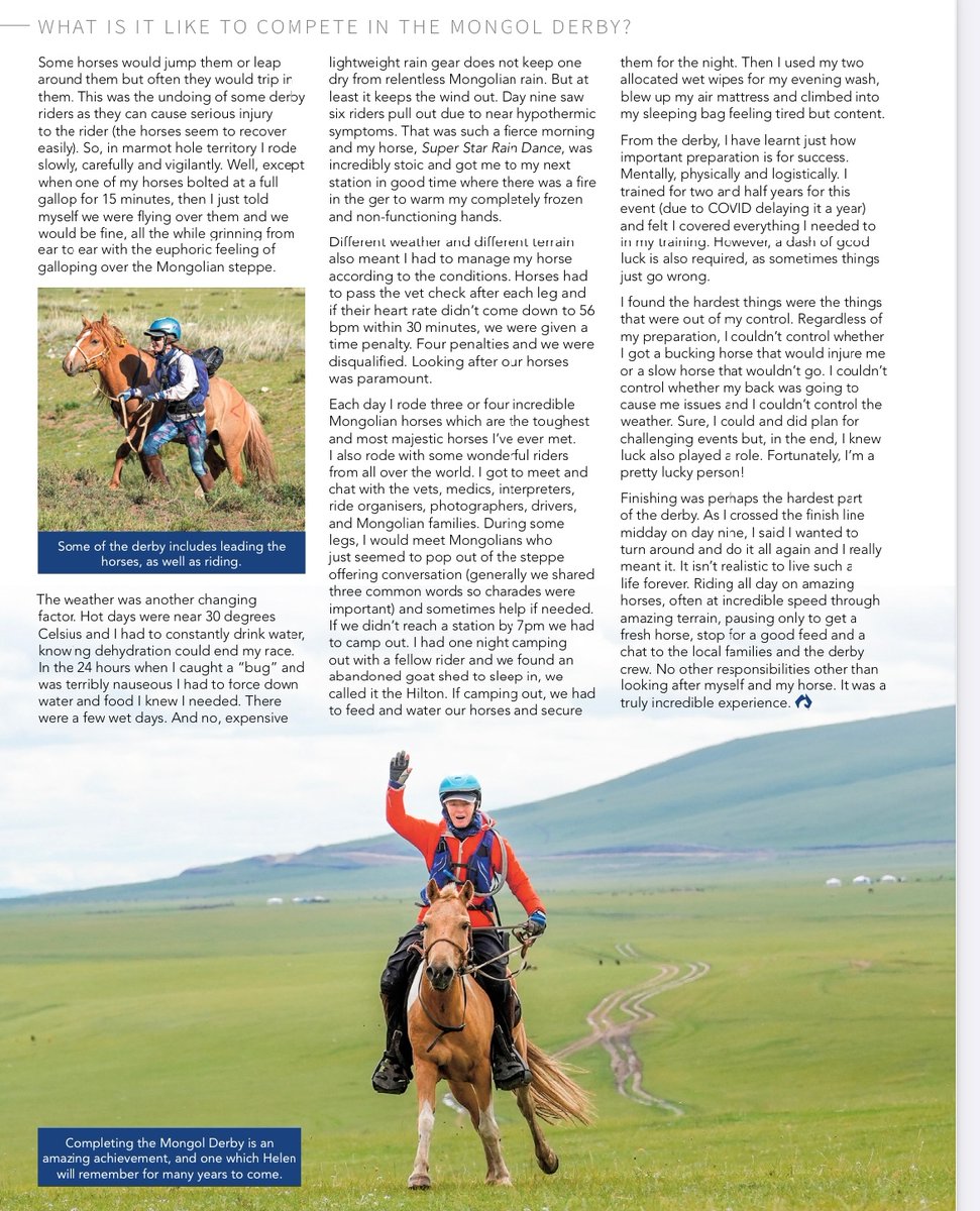 equestrianist's tweet photo. - In The News -

Riders Helen Davey penned a piece in 'Horse Deals' an Australian magazine about her experience in last year's Mongol Derby.

#Mongol Derby https://t.co/lQUilcKaco
