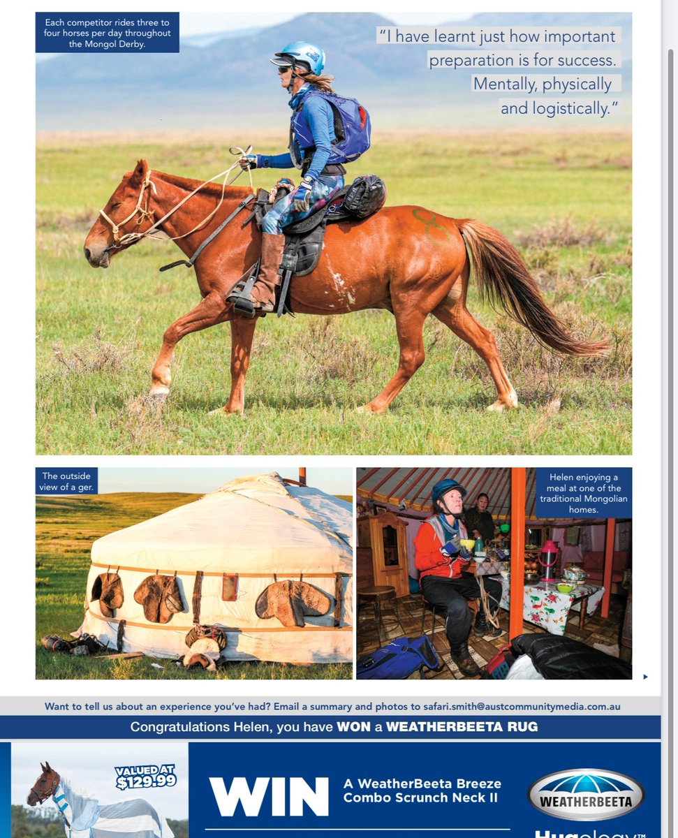 equestrianist's tweet photo. - In The News -

Riders Helen Davey penned a piece in 'Horse Deals' an Australian magazine about her experience in last year's Mongol Derby.

#Mongol Derby https://t.co/lQUilcKaco