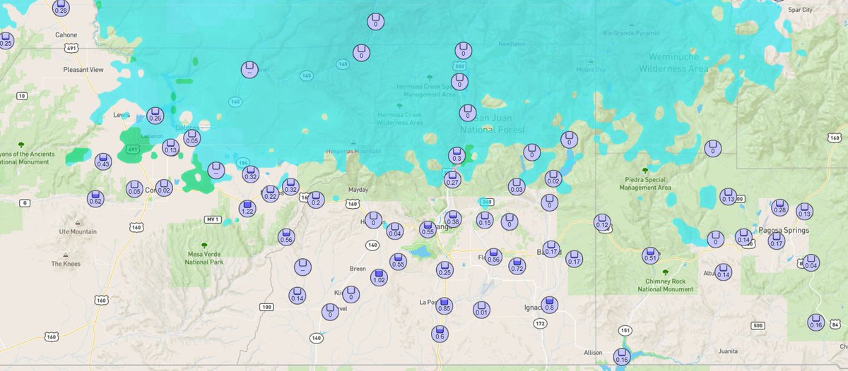 NWSGJT's tweet photo. Here's a quick look at some recorded #precip across the area. The question now becomes how much is #snow and how much is #rain? #Durango is reporting snow, #Cortez some light rain. Looks like a mixed bag. Let us know what you're seeing. If snow, how much did ya get? #utwx #cowx https://t.co/v0Tld7KJtA