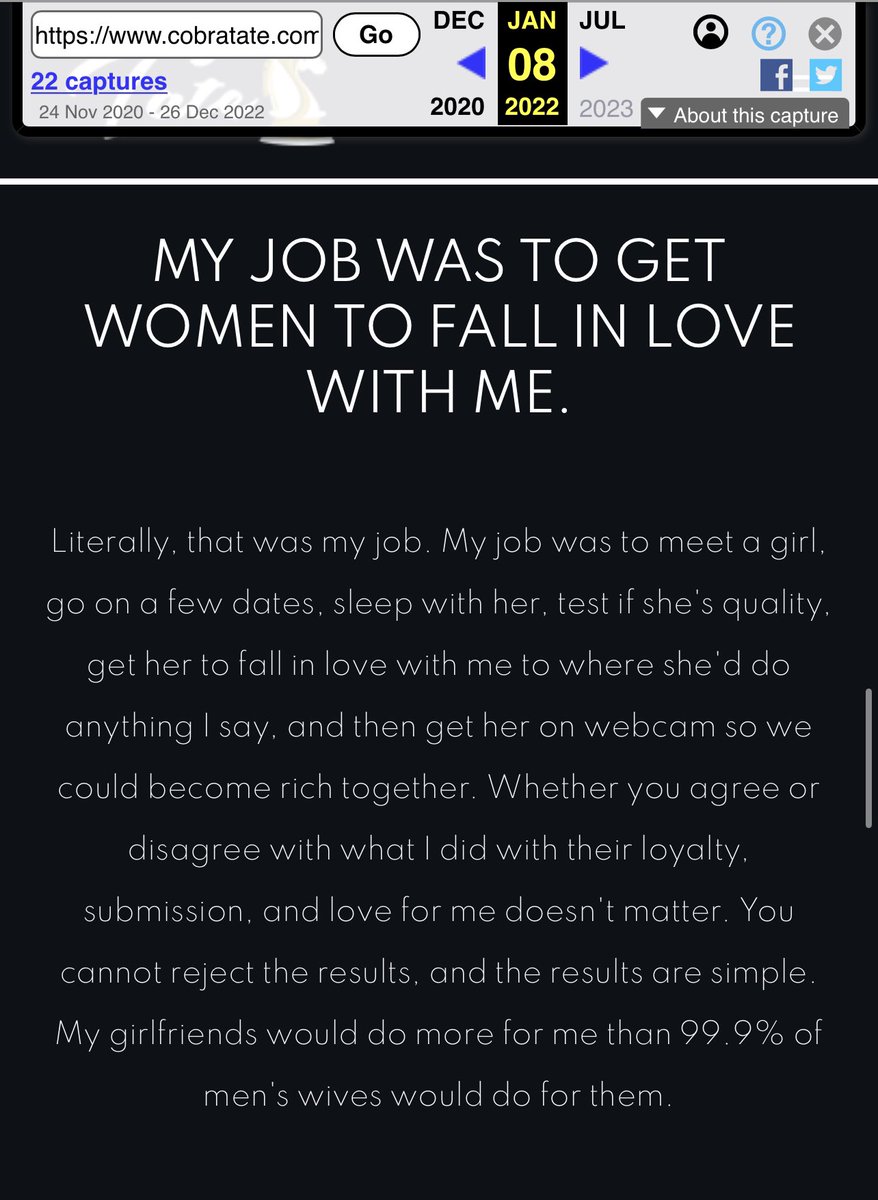 LailaMickelwait's tweet photo. These are screenshots from an archive of Andrew Tate’s website where he describes his own activities.

It should be noted that using coercion to induce a commercial sex act is part of what constitutes sex trafficking according to domestic &amp; international definitions. https://t.co/HDtW5R0D5t