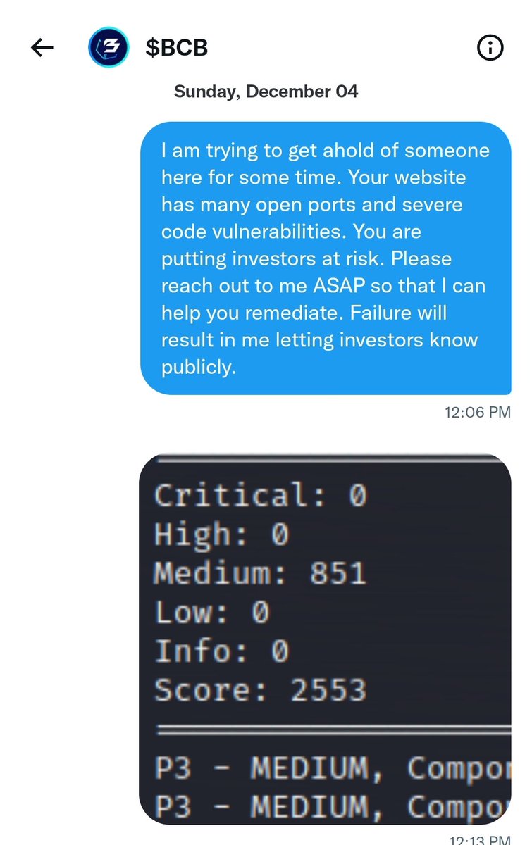 tequila_pete's tweet image. This is when I touched base with $WCI #WCI who are now $BCB #BCB  as you can see from the message below on 12/4/22. They have blocked 🚫 me. Their vulnerability scan score = 2553 while the average site ony NFT board scores 65. They just increased sell taxes to 49%. 🚩🚩🚩🚩🚩🚩🚩