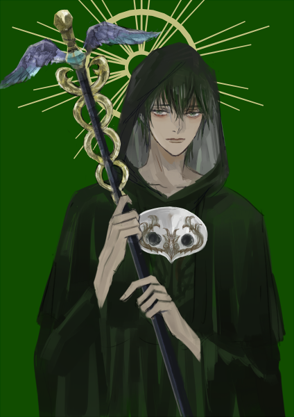 1boy male focus holding solo hood robe staff  illustration images