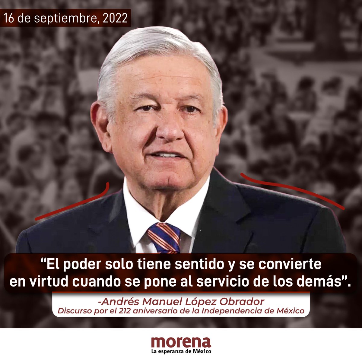 PartidoMorenaMx's tweet photo. El poder sólo tiene sentido, y se convierte en virtud, cuando se pone al servicio de los demás, se tiene amor al prójimo y se busca la felicidad. https://t.co/X4haTOiGJa