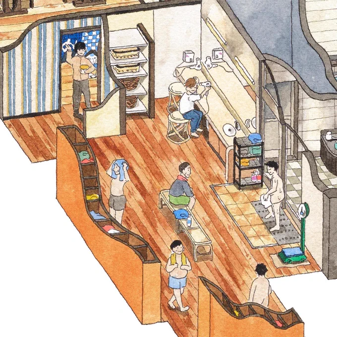 あけましておめでとうございます!今年もいっぱいお風呂に入れるといいなあ。こちらは2021年に描いた、東京 国立にある鳩の湯の分割イラスト。アットホームな銭湯で、大きなお庭が魅力的。鳩のロゴマークがかわいいよね。 