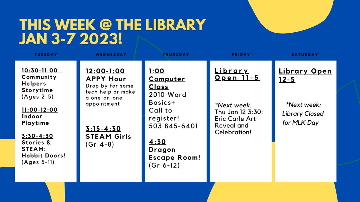 PublicMt's tweet photo. This Week @ the Library!
We'll be happy to see you for the first time this year! 😉 https://t.co/adUgeEkNvP
