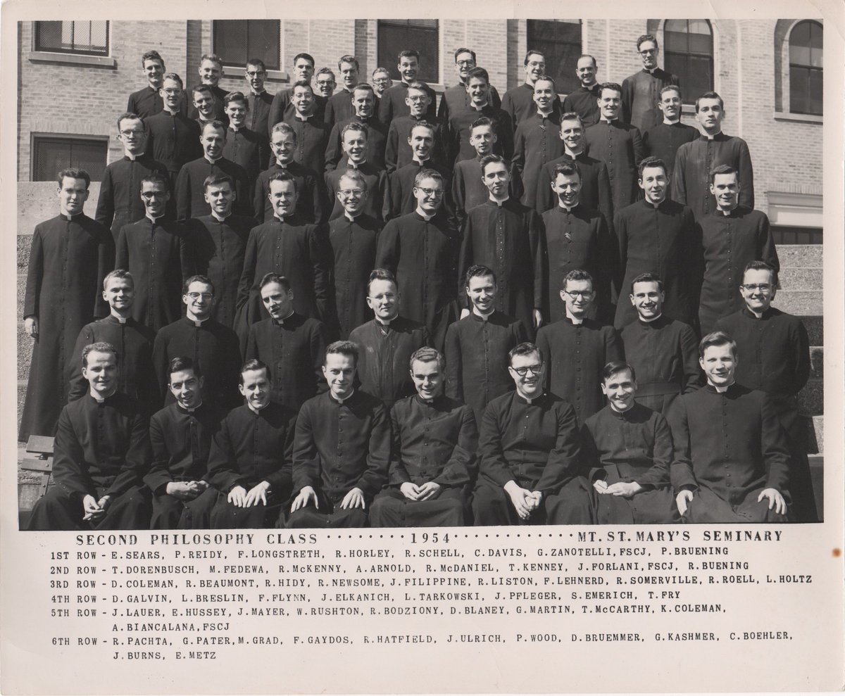 PsyGenealogist's tweet photo. Here is a 1954 class photo showing my great uncle, Eugene A. Sears (1932-2021), with his fellow seminarians at St. Mary's Seminary near Cincinnati, Ohio. He was ordained a Catholic Priest in 1958. He is in the front row on the far left. #genealogy #1950s #seminary https://t.co/Asu4mvEaa8