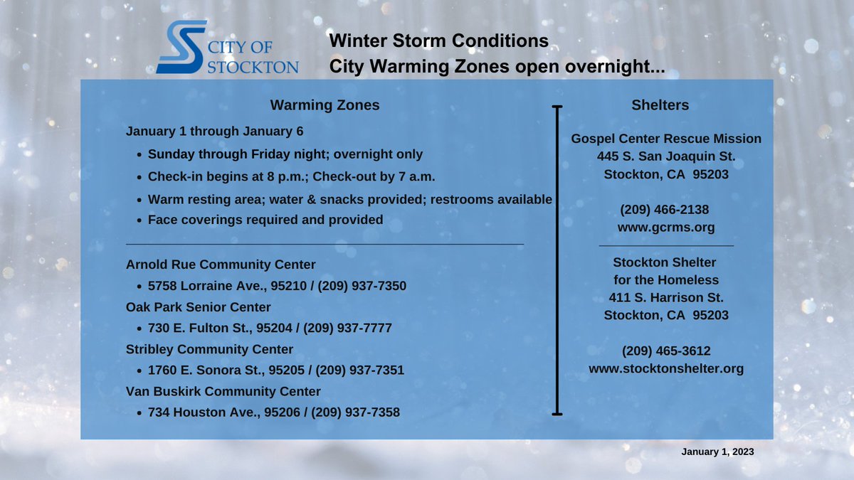 Warming Zones are available overnight at 4 City of Stockton locations. Check-in begins at 8 pm: stocktonca.gov/storm