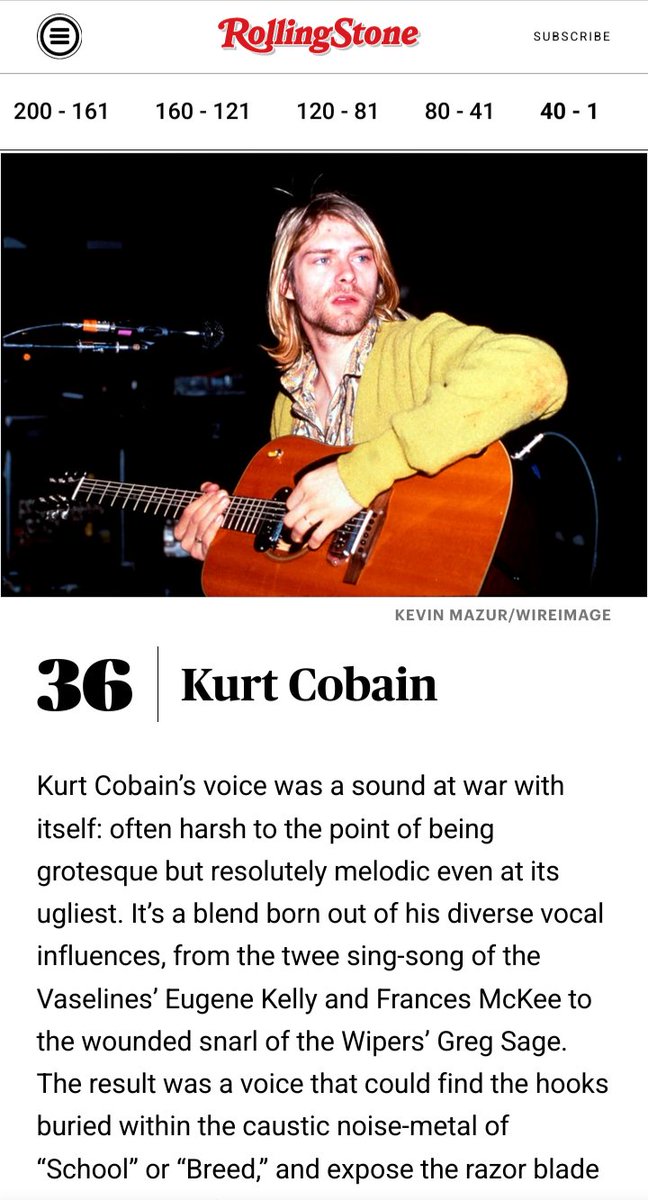 SirBooBear's tweet photo. This is how you know Rolling Stone has no merit.
On their '200 Greatest Singers of All Time' list, they put Kurt Cobain above #MichaelJackson. Even as a die-hard #Nirvana fan, there is no way Cobain is better than Michael.

Plus, Celine Dion didn't even make the list?!? https://t.co/yTUWmOPQx7