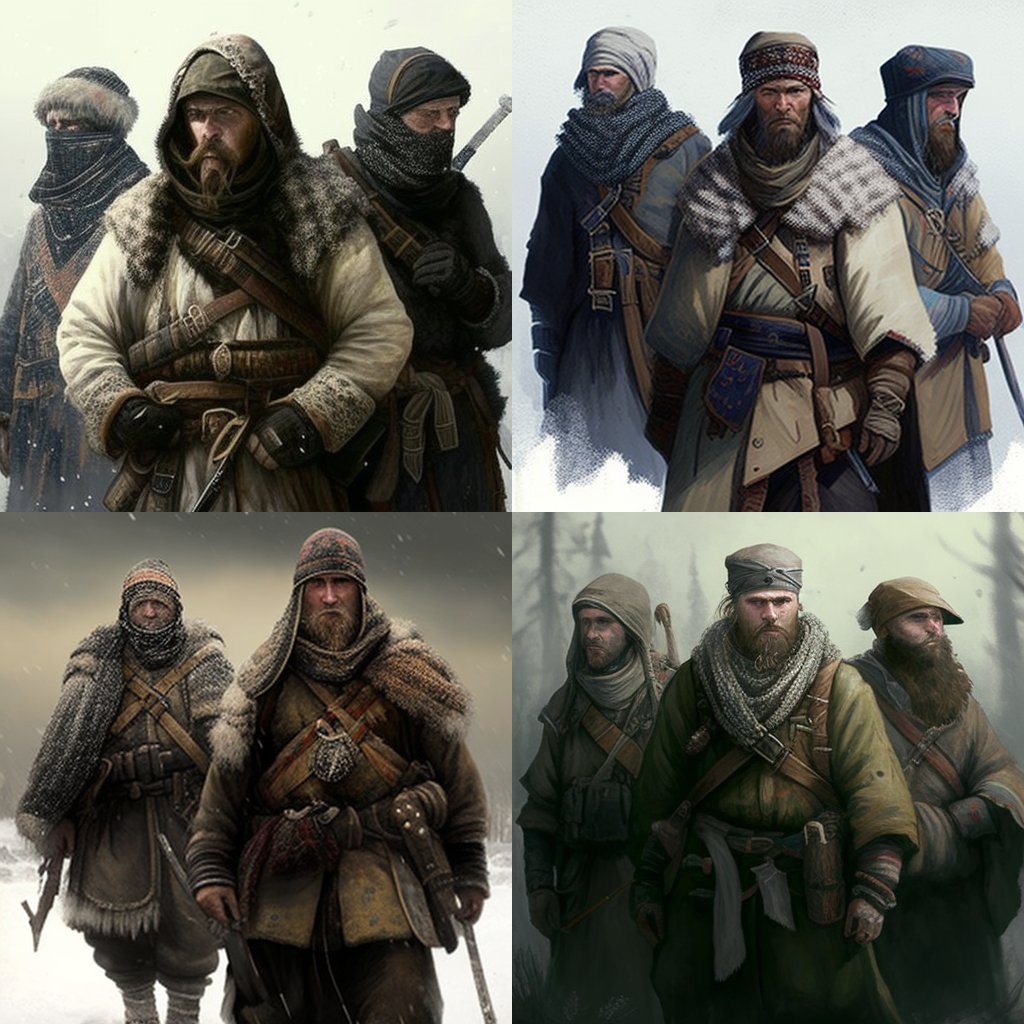 Jahustaja's tweet photo. Midjourney sometimes really gets it.
1. Jesus and Kalevipoeg having a sauna together in Heaven. 
2. Ancient Estonian mujahideen fighters
3. Ancient Finnish warriors praying after the total destruction of Moscow. https://t.co/jL4VIbyvNr
