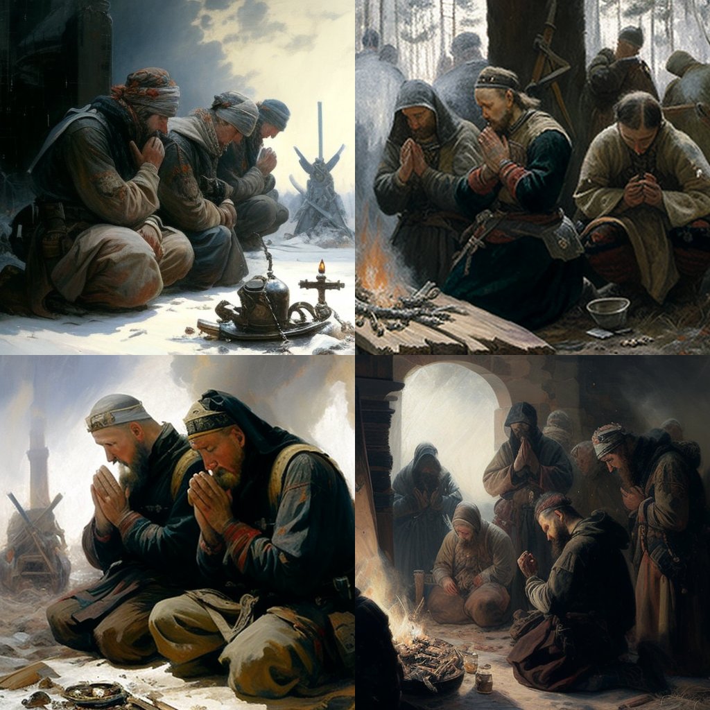 Jahustaja's tweet photo. Midjourney sometimes really gets it.
1. Jesus and Kalevipoeg having a sauna together in Heaven. 
2. Ancient Estonian mujahideen fighters
3. Ancient Finnish warriors praying after the total destruction of Moscow. https://t.co/jL4VIbyvNr
