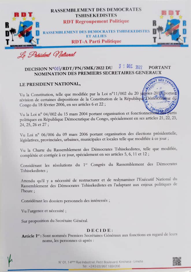 moise_kilolo's tweet photo. Mes sincères remerciements au Président National du @Rdt243 SEM @SylvainMutomb14 pour la confiance mise en ma modeste personne en me nommant Premier Secrétaire Général chargé de la Formation, de l’Ethique, Bonne Gouvernance et de la Gestion Axée sur les résultats du RDT. https://t.co/9Fck3RJlzP