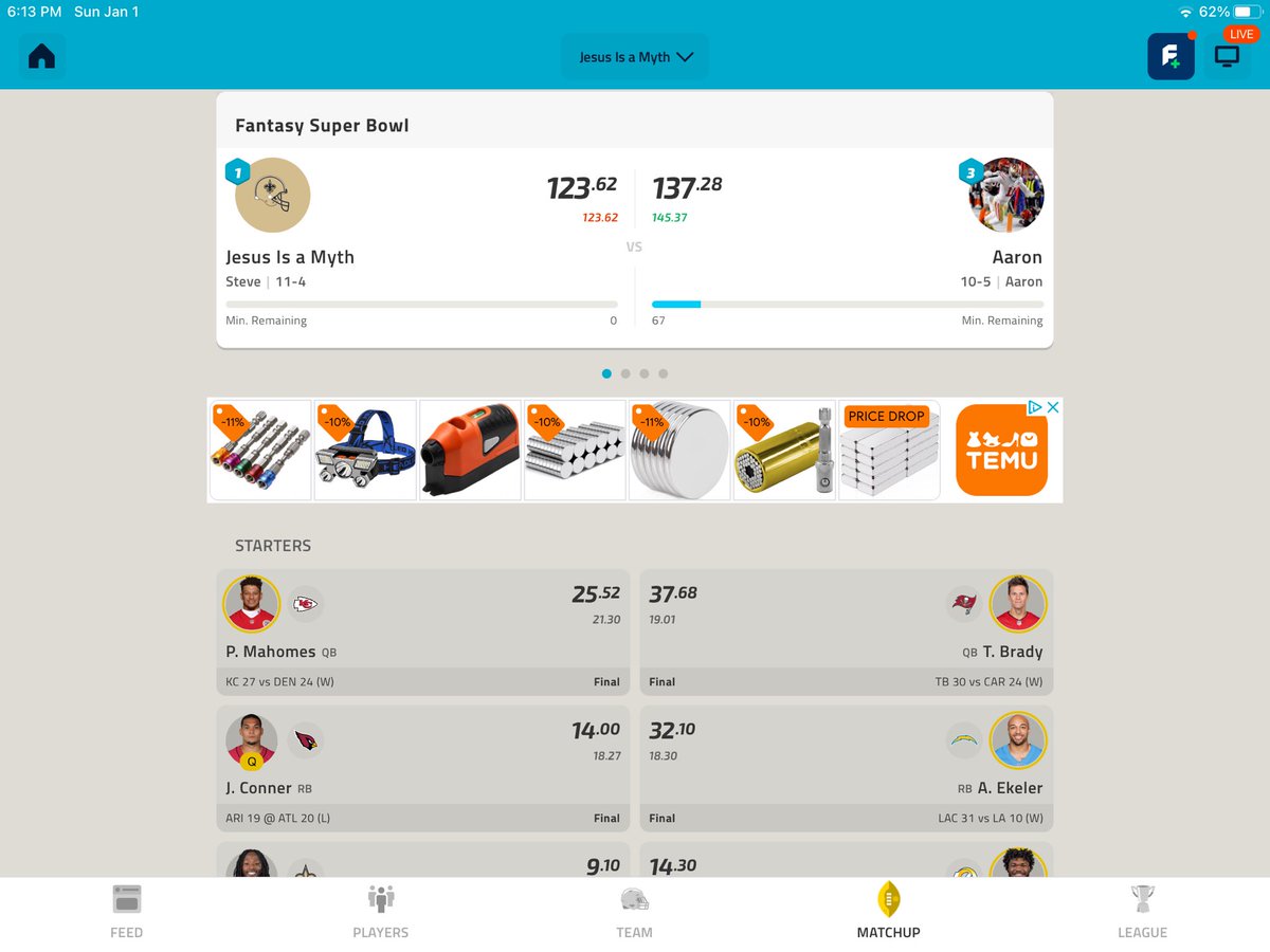 Steve2duhO's tweet image. Not winning 1st place championship this season for the 2nd time again. DK Metcalf and Alvin Kamara failed me today. 😭😭😭😭😭😭😭😭 #NFLFantasyChampionship #FantasyFootballProblems