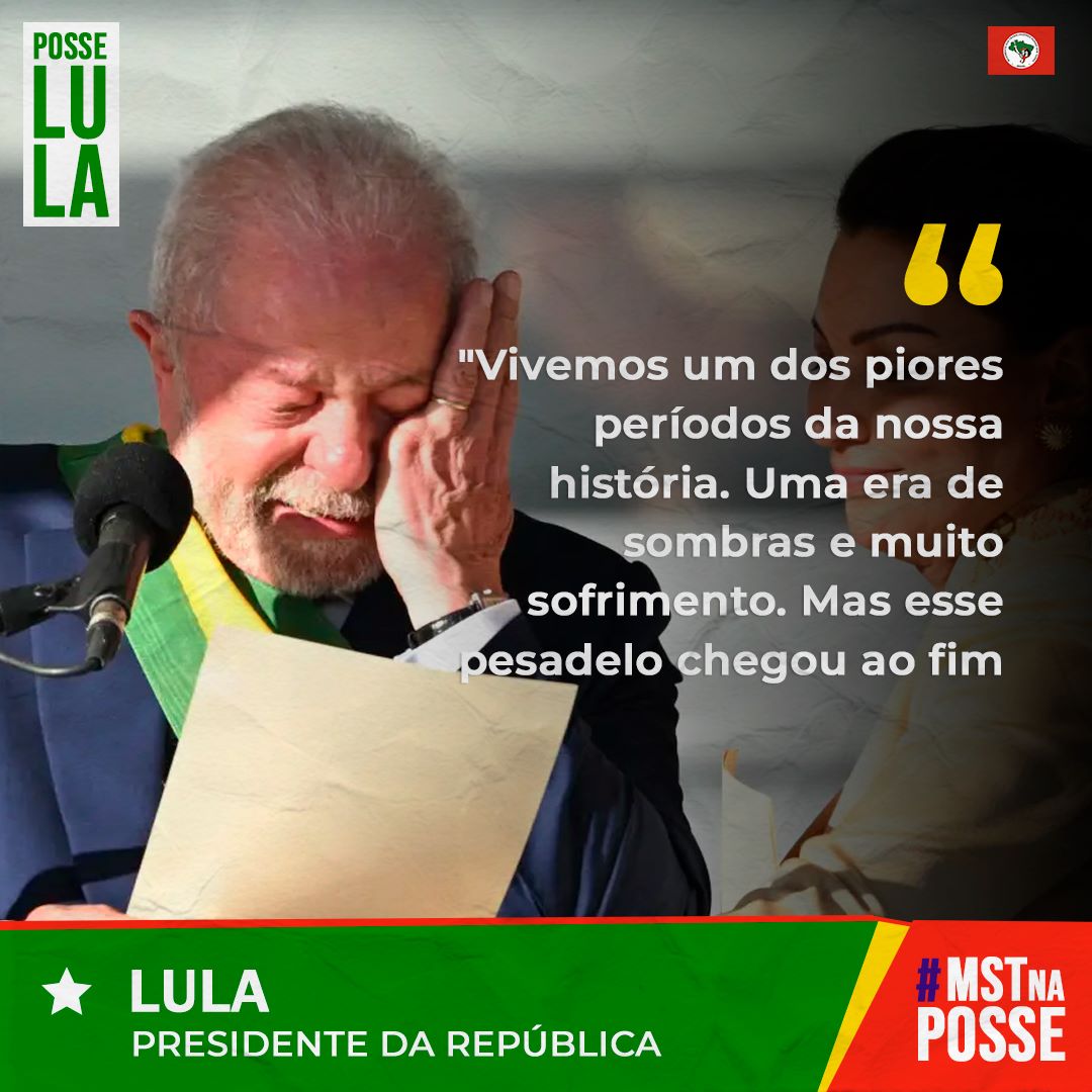MST_Oficial's tweet photo. 🚩 Na tarde de hoje aconteceu a Posse do Presidente Lula, e seu discurso deixa registrado que valores como solidariedade e respeito, e o combate às injustiças voltarão a ser pauta do governo federal.
#PosseDoPovo #MSTnaPosse https://t.co/AmDyVKcLMP