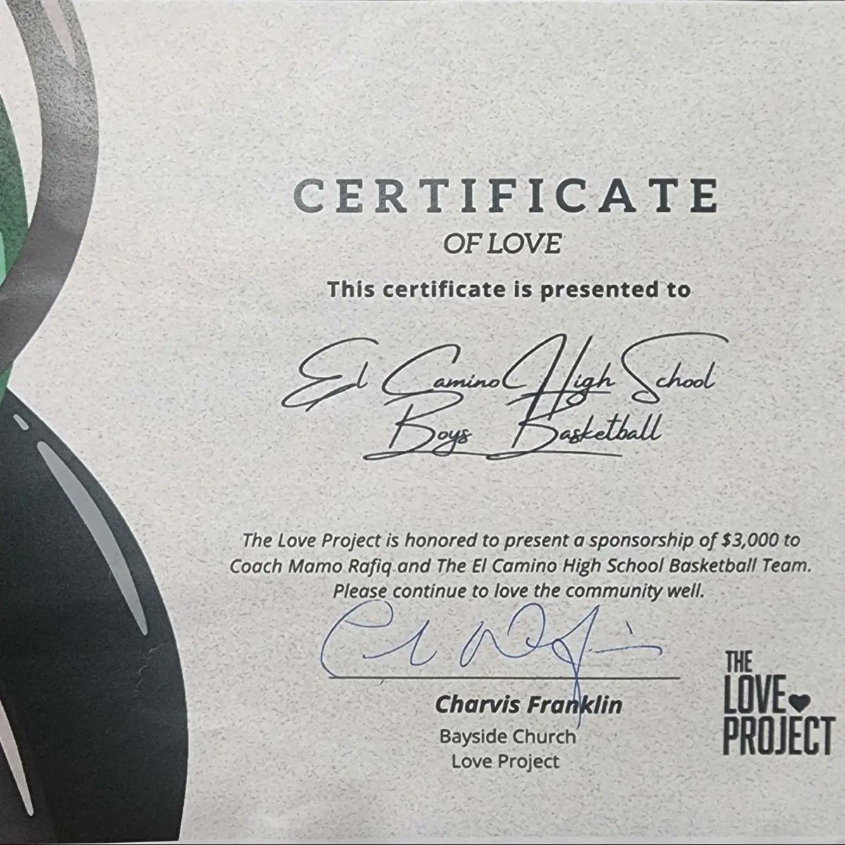 ElCaminoEagles's tweet photo. @charvisfranklin and The Love Project from Bayside Church selected EC Basketball and I as the recipient of a $3,000 sponsorship for the love we spread in our community. I have been overwhelmed with the respect, thoughtfulness, and love Charvis has shown my family and I. https://t.co/8ce4AS3wd3