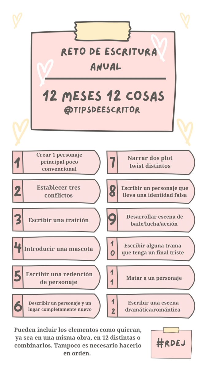 tipsdeescritor's tweet photo. ¡Hola! Les presento este reto de escritura anual por si les interesa realizarlo. #RDEJ 

RT PARA DIFUNDIR https://t.co/19bQYNhvdP