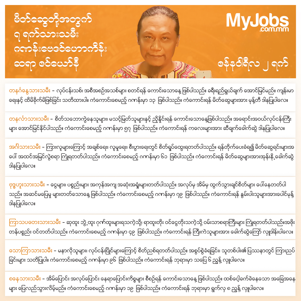 MyJobsMyanmar's tweet photo. ၂၀၂၃ ခုနှစ် ဇန်နဝါရီလ ၂ ရက်နေ့အတွက် ဆရာဇင်ယော်နီဟောကြားထားသော ၇ ရက်သားသမီးများရဲ့ ဆောင်ရန်၊ရှောင်ရန် နှင့် ကံကောင်းခြင်းအတွက် အဆောင်ယတြာများကို MyJobs မှ မိတ်ဆွေတို့အတွက်ဖော်ပြပေးလိုက်ပါတယ်။ https://t.co/ZajVxAfrmr