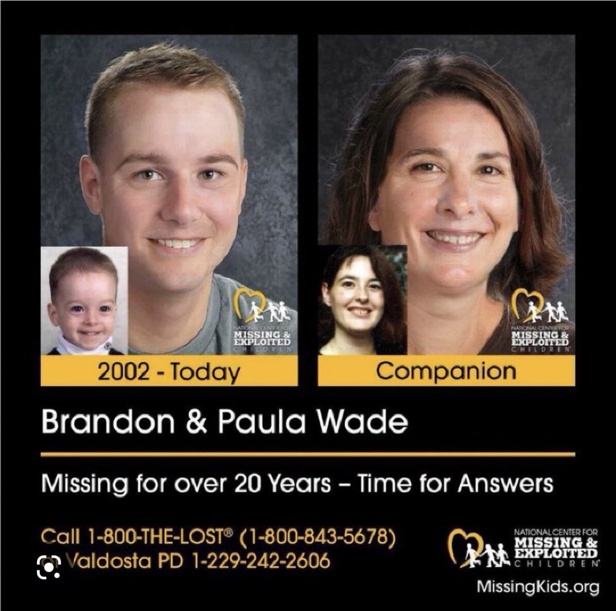 PLS RT! #Missing #PaulaWade & #BrandonWade. Mother & son are STILL missing from #Valdosta #Georgia since October 2002. Help find this family the answers they deserve. #SeeSomethingSaySomething #MissingPerson #MissingPersons #HappyNewYear2023