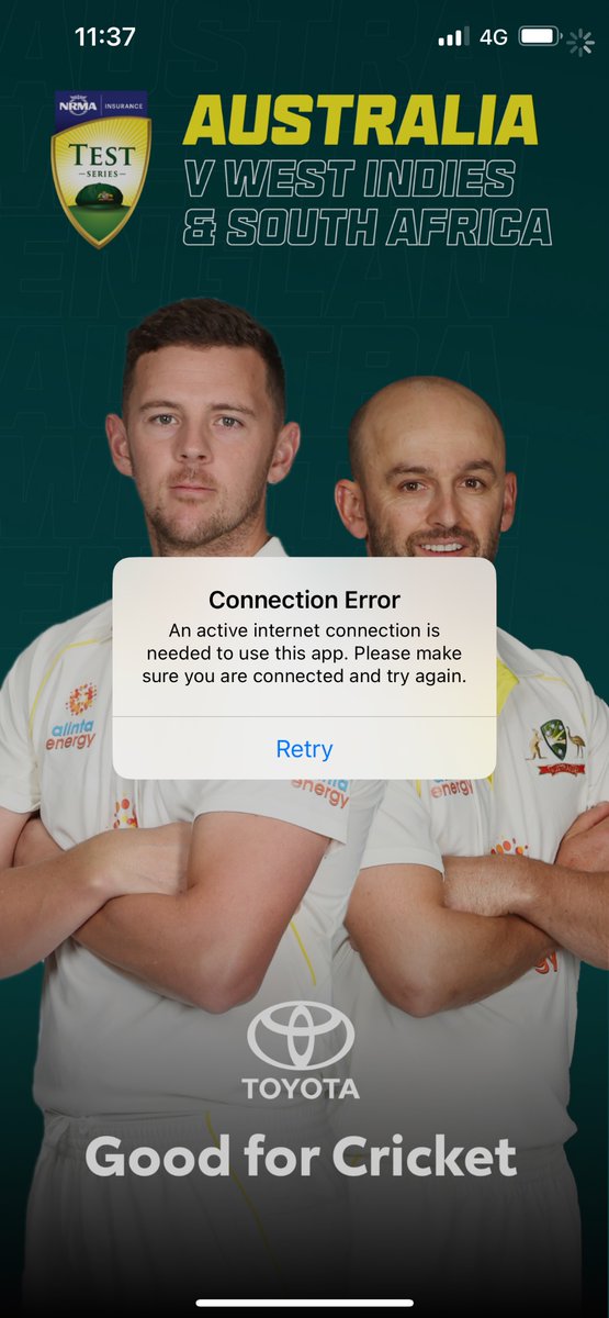 HatchFS's tweet image. Dear @CricketAustrala your app is appalling. I consistently get a Connection Error msg when all my other apps are working fine (and so is my internet). Fix it or sack you app developer. Unless of course you want less fans…
