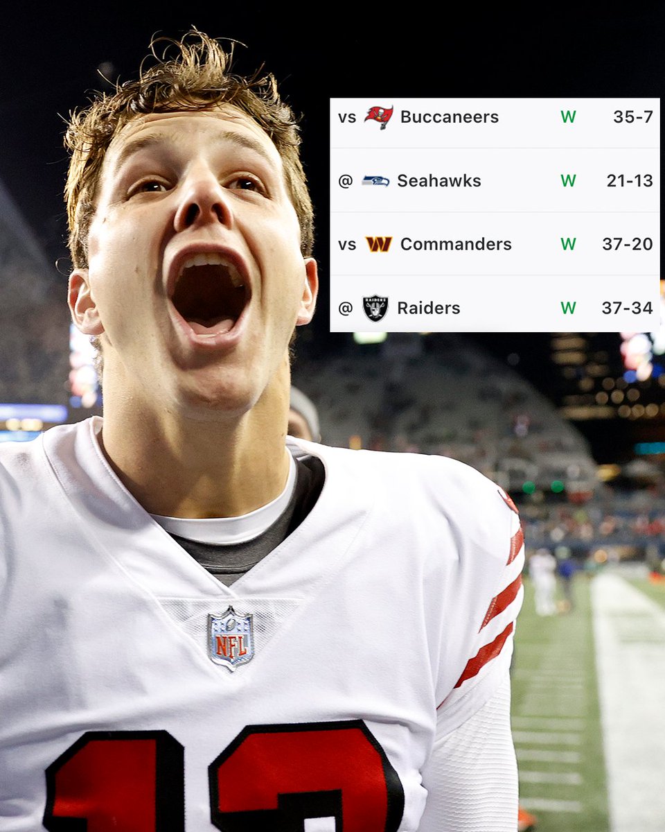 ESPNNFL's tweet photo. Brock Purdy is still undefeated as a starter 🔥 https://t.co/Q3XsxWvobc