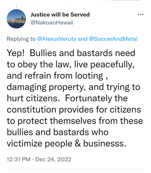 AlexusVeruty's tweet photo. There is nothing *peaceful* about showing up to a protest with a firearm. As far as "protecting themselves and businesses", if you do not know how to de-escalate without violence, you need to stay away from protests. The ultimate irony is the wording you used to defend a bully. https://t.co/1cLQ3GY4Np