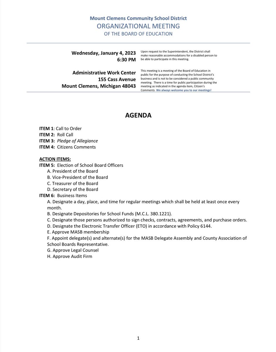 DontaeWalker_19's tweet photo. My first meeting as a Mount Clemens Community School Board Trustee!!! Here’s the meeting agenda, meeting starts at 6:30 PM this Wednesday, January 4th at the Secondary Complex in the Media Center!!! #batherpride https://t.co/fnMMyGK6uS