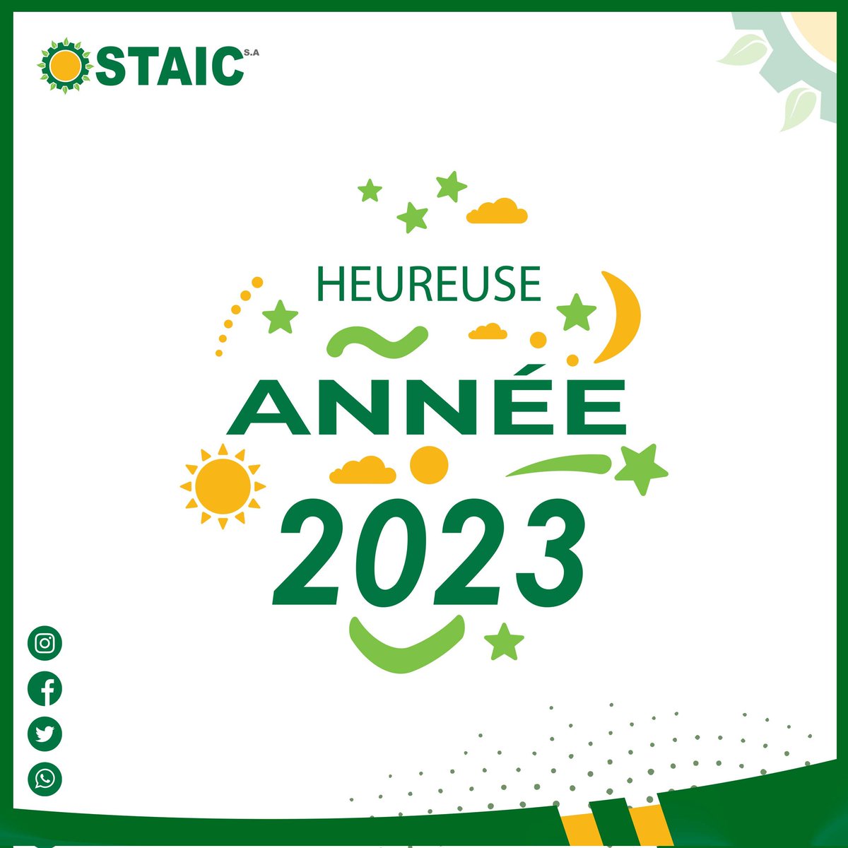 STAIC01's tweet photo. L'entreprise STAIC vous présente ses vœux de santé, prospérité, bonheur et de courage pour cette nouvelle année.

Elle profite  l'occasion également pour vous remercier pour votre soutien durant l'année passée. https://t.co/ZuhDEnhnaD
