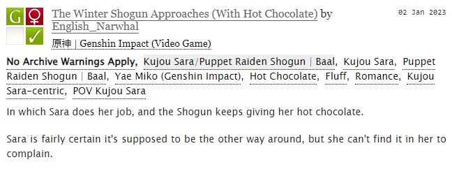 ImmobilePizza's tweet photo. Instead of resting at all I am publishing a second fanfic this week, a #RaidenShogun x #kujousara shipfic! 

Link in the replies as always! https://t.co/rCIrbYgzbf