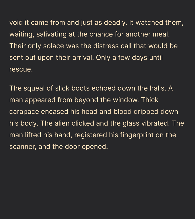 Flash Fiction #11 - From Beyond the Void 

Posting #fantasy, #scifi, &amp; #horror daily at 6pm PST. Follow for more!

Read the previous story here: x.com/Will_Roseberry…

#MustRead #AmReading #Reading #ReadingCommunity #WritingCommunity #writing #LookMomIWrite